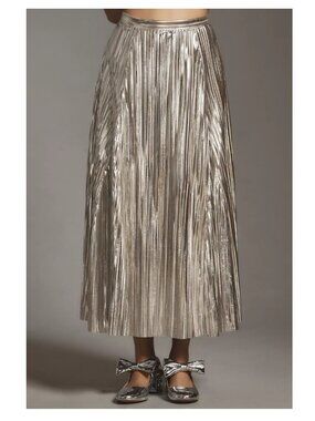 By Anthropologie Metallic Pleated Midi Maxi Skirt Silver S